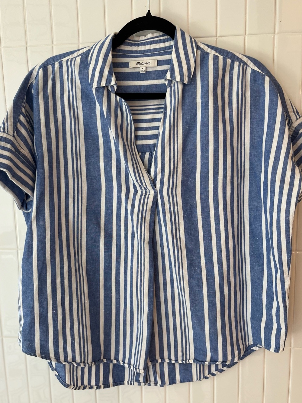 Madewell Striped Linen Cotton Popover Shirt Blue White Short Sleeve Button Back